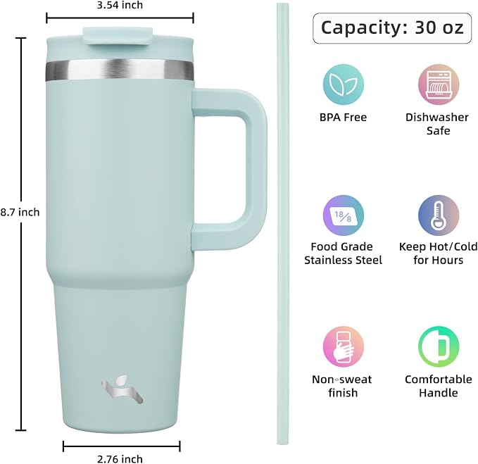 30 oz Tumbler with Handle and 2 Straws,2 in 1 Lid Insulated Water Bottle Stainless Steel Travel Coffee Mug,Blue Haze - Image 4