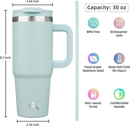 30 oz Tumbler with Handle and 2 Straws,2 in 1 Lid Insulated Water Bottle Stainless Steel Travel Coffee Mug,Blue Haze - Image 4