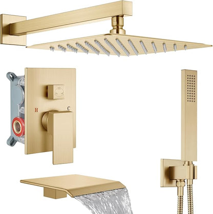 Midanya Shower System with Tub Spout,Bathtub Shower Faucet Set with Square Rainfall Head and Handheld Sprayer Wall Mount Tub Faucet Set with Valve and Trim Kit,12 Inch Brushed Gold by Midanya