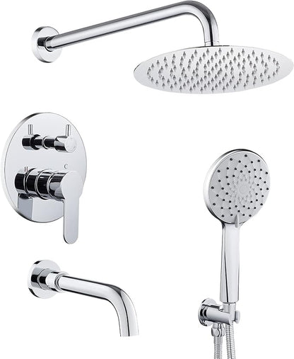 ROVOGO Bathtub Shower Faucet Set with Valve, Shower System with Tub Spout, 10-in. Rain Shower and Handheld, Round Shower Fixtures Wall Mount, Chrome by ROVOGO