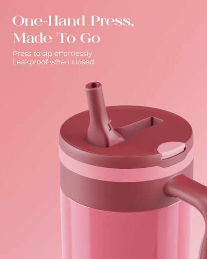 40 oz Insulated Tumbler with Handle and Push-Button Straw Lid, Stainless Steel Travel Cup for Gym Office, Leakproof, BPA-Free, Cup Holder Friendly, Bow Silicone Boot, Pink (Dusty Rose) - Image 3