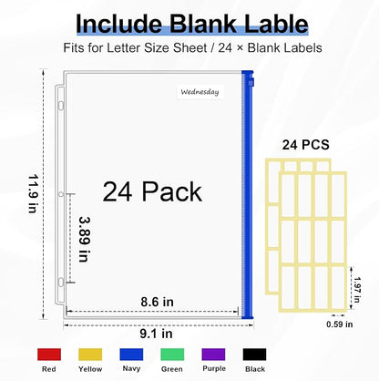 KTRIO 24 Pack Binder Pockets, 8.5 x 11 Colored Zipper Pouches - Image 2