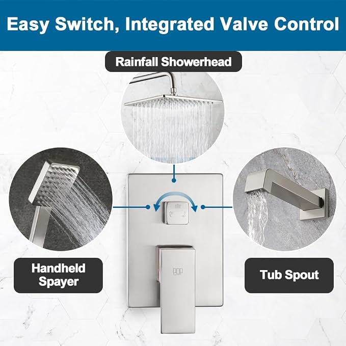 POP SANITARYWARE Shower Tub Faucet Set Brushed Nickel Bathroom Rain Shower System with Tub Spout Wall Mounted Rainfall 10 Inch Thickened Shower Head and Handle Set Include Shower Valve and Trim Kit - Image 6