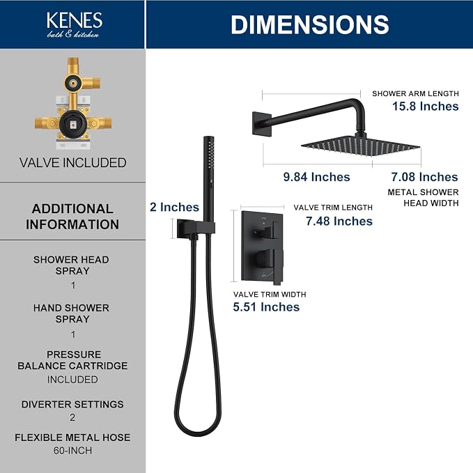 KENES Matte Black Rainfall Bathroom Shower System Rain Shower Head and Handle Set, Shower Faucet Set with 10-Inch Rain Showerhead and Handheld Spray, (Shower Valve Included), LJ-6026A-2 - Image 6