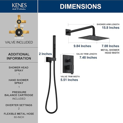 KENES Matte Black Rainfall Bathroom Shower System Rain Shower Head and Handle Set, Shower Faucet Set with 10-Inch Rain Showerhead and Handheld Spray, (Shower Valve Included), LJ-6026A-2 - Image 6