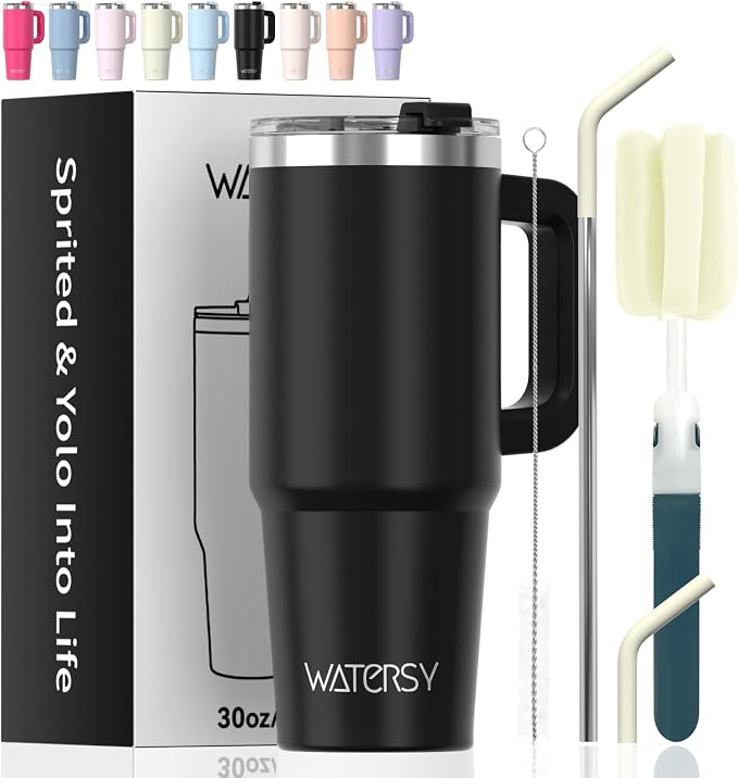 20 oz Tumbler with Handle,Tumbler with Lid and Straw,Double Wall Insulated Cup Stainless Steel Travel Mug(Cold for 34 Hours),Water Bottle for Iced Tea,Coffee,Cold Beverages(Black) by Watersy