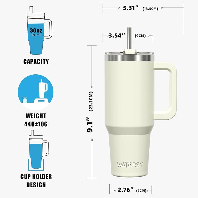 30 oz Tumbler with Handle,Tumbler with Lid and Straw,Double Wall Insulated Cup Stainless Steel Travel Mug(Cold for 34 Hours),Water Bottle for Iced Tea,Coffee,Cold Beverages(Cream White) - Image 8