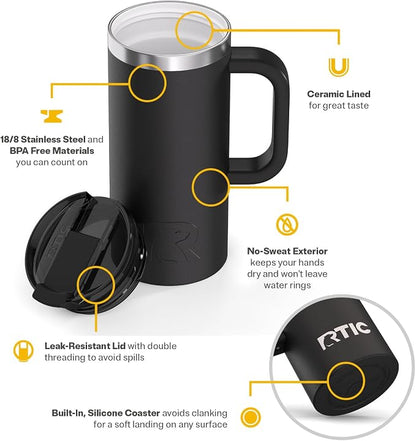 RTIC 16oz Road Trip Travel Mug with Lid and Handle, Ceramic Lined, Insulated, Stainless Steel, Metal, Double Wall Vacuum-Insulation, Portable Coffee, Tea Cup for Hot and Cold Drink, Black - Image 3