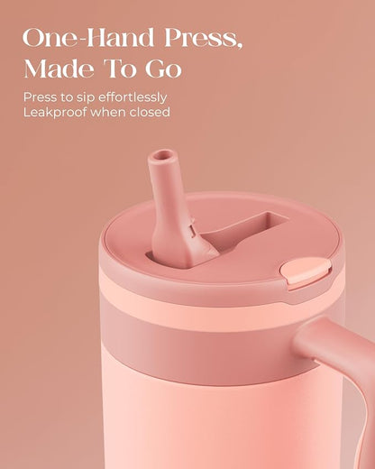 40 oz Insulated Tumbler with Handle and Push-Button Straw Lid, Stainless Steel Travel Cup for Gym Office, Leakproof, BPA-Free, Cup Holder Friendly, Bow Silicone Boot, (Peach Roasted) - Image 3