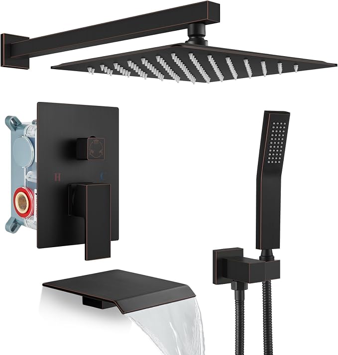 gotonovo 10'' Rain Shower Faucet System Rainfall Shower Head with Handheld Sprayer Waterfall Tub Spout Wall Mounted Mixer Combo Rough-in Valve and Trim Included 5.7 Inch Wide Spout Oil Rubbed Bronze by HOME