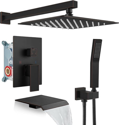gotonovo 10'' Rain Shower Faucet System Rainfall Shower Head with Handheld Sprayer Waterfall Tub Spout Wall Mounted Mixer Combo Rough-in Valve and Trim Included 5.7 Inch Wide Spout Oil Rubbed Bronze by HOME