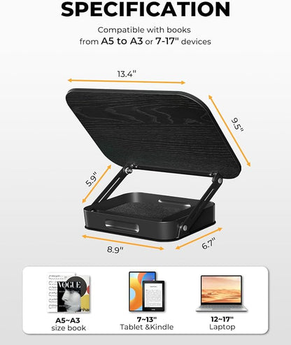 Adjustable Book Stand with Storage Drawer, 360° Rotating Book Holder, Height & - Image 4