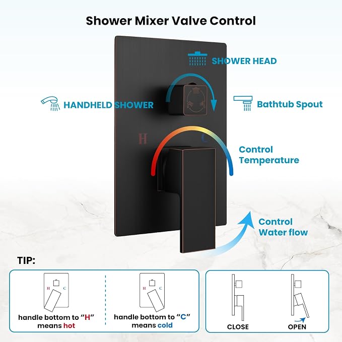 gotonovo Shower System with Tub Spout,Waterfall Tub Shower Faucet Set for Bathroom Head and Handle Set Wall Mounted 3 Function Rough-in Valve and Trim Included 12 inch Shower Head Oil Rubbed Bronze - Image 7