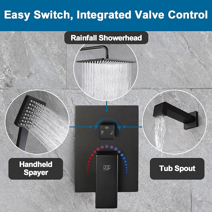 POP SANITARYWARE Matte Black Shower Tub Faucet Set Bathroom Rain Shower System with Tub Spout Wall Mounted Rainfall 10 Inch Shower Head and Handle Set Include Shower Valve and Trim Kit - Image 8