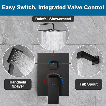 POP SANITARYWARE Matte Black Shower Tub Faucet Set Bathroom Rain Shower System with Tub Spout Wall Mounted Rainfall 10 Inch Shower Head and Handle Set Include Shower Valve and Trim Kit - Image 8