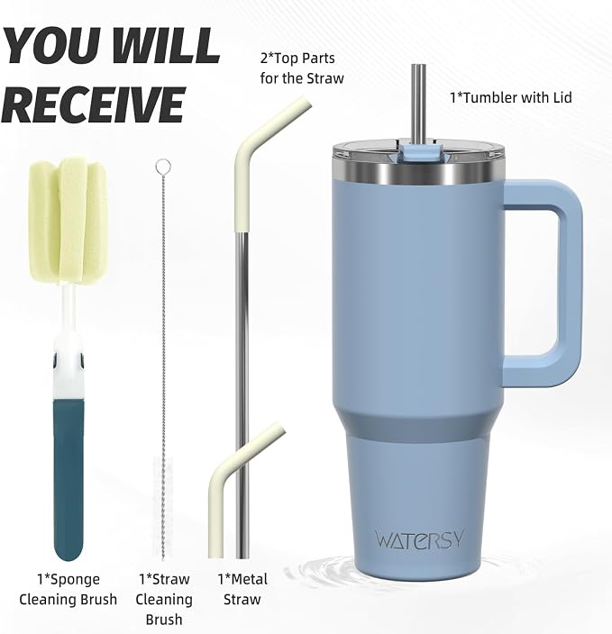40 oz Tumbler with Handle,Tumbler with Lid and Straw,Double Wall Insulated Cup Stainless Steel Travel Mug(Cold for 34 Hours),Water Bottle for Iced Tea,Coffee,Cold Beverages(Smog Blue) - Image 3
