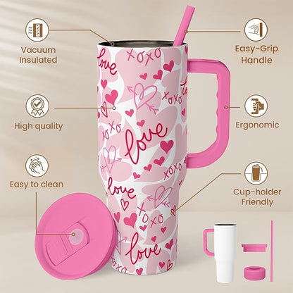 SANDJEST Heart Tumbler with Handle 40oz, Valentines Stainless Steel Insulated Tumblers Coffee Travel Cup with Straw Lid, Gifts for Women Girl - Image 2
