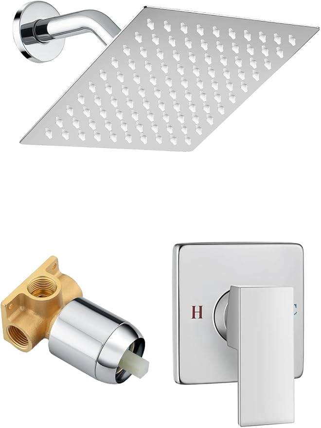 Shower Faucet Set, 8 Inch Square Wall Mounted Rainfall Shower Head with Rough-in Valve Body, Modern Bathroom Shower Trim Kit, Stainless Steel Single Function RV Shower System (Chrome) by MTTCLE