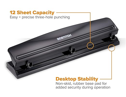 Bostitch Office 3 Hole Punch, Durable Metal, Rubber Base, 12 Sheets - Image 2