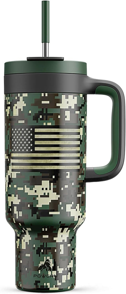 50 oz Camo Tumbler with Handle, 2-in-1 Straw and Sip Lid, Leakproof, Dishwasher Safe, Insulated Stainless Steel Travel Coffee Mug, Keeps Cold for 34 Hours, Fits in Car Cupholder (Woodland Flag) by POWCAN