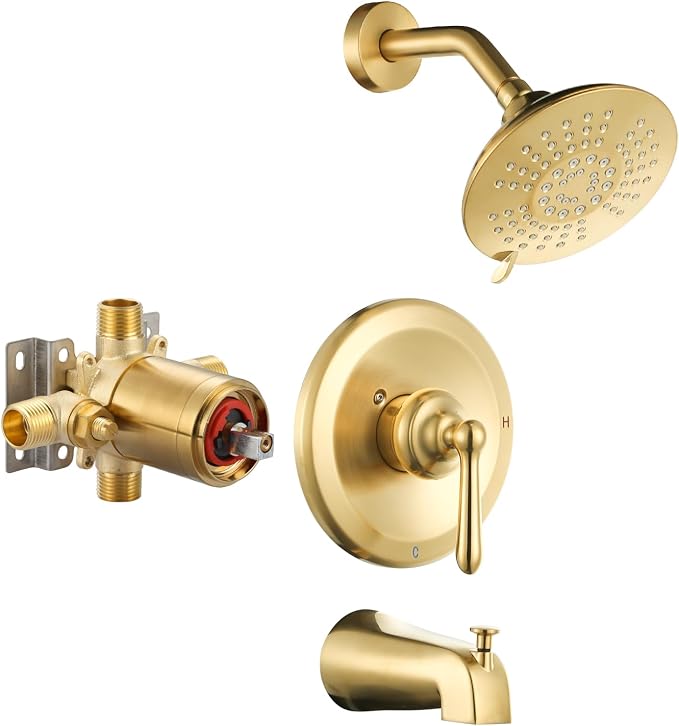 Shower Faucet Set Brushed Gold: Single Handle Bathtub Trim Kit with 6 Inch Rain Shower Head and Tub Spout, High Pressure Faucet Set for Bathtub (Brass Valve Included) by ARCORA