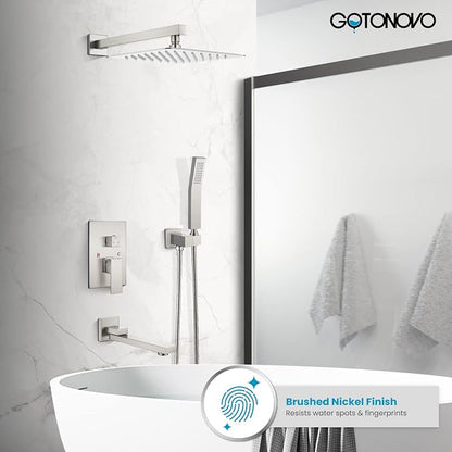gotonovo Rainfall Tub Shower Faucet Set Bathroom Shower System with Tub Spout Wall Mount Square High Pressure Shower Fixtures with Handheld Sprayer Rough-In Valve 12'' Shower Head,Brushed Nickel - Image 8