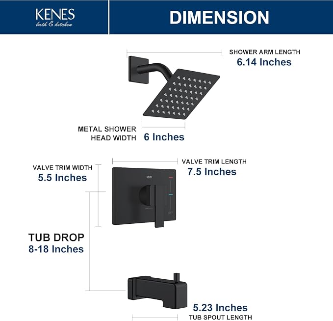 KENES Tub Shower Faucet Set Complete, Matte Black Tub and Shower Trim Kit with 6-Inch Rain Shower Head, Square Shower System, KE-6025A-2 (Shower Valve Included) - Image 6