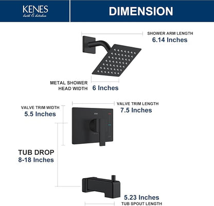 KENES Tub Shower Faucet Set Complete, Matte Black Tub and Shower Trim Kit with 6-Inch Rain Shower Head, Square Shower System, KE-6025A-2 (Shower Valve Included) - Image 6