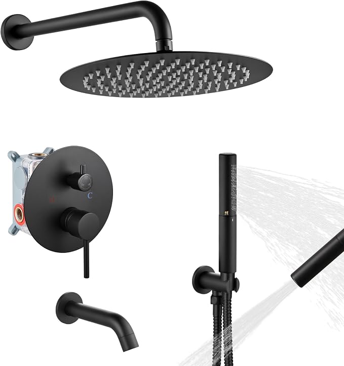 Airuida 3-Function Rain Shower System Set – Wall Mount Tub Shower Combo with Handheld Shower and Tub Spout,12 Inch Shower Head,Matte Black by Airuida
