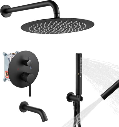 Airuida 3-Function Rain Shower System Set – Wall Mount Tub Shower Combo with Handheld Shower and Tub Spout,12 Inch Shower Head,Matte Black by Airuida