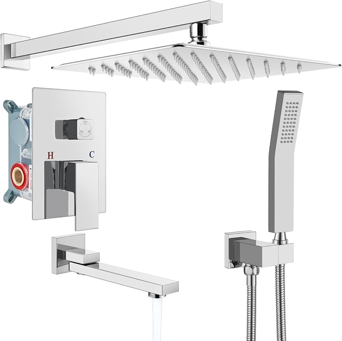 gotonovo Rainfall Tub Shower Faucet Set Bathroom Shower System with Tub Spout Wall Mount Square High Pressure Shower Fixtures with Handheld Sprayer Rough-In Valve 10'' Shower Head,Polished Chrome by HOME