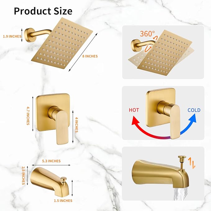 Brushed Gold Tub Shower Faucet Set Complete with 8-Inch Rainfall Shower Head and Tub Spout Included Shower Valve Tub Shower Trim Kit Matte Black - Image 3