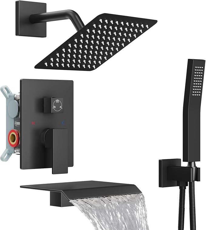 Midanya Shower System with Tub Spout,Bathtub Shower Faucet Set with Square Rainfall Head and Handheld Sprayer Wall Mount Tub Faucet Set with Valve and Trim Kit,8 Inch Matte Black by Midanya
