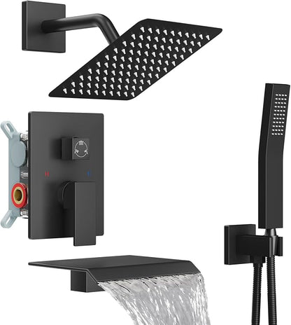 Midanya Shower System with Tub Spout,Bathtub Shower Faucet Set with Square Rainfall Head and Handheld Sprayer Wall Mount Tub Faucet Set with Valve and Trim Kit,8 Inch Matte Black by Midanya