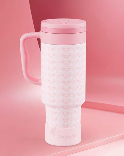 40 oz Insulated Tumbler with Handle and Push-Button Straw Lid, Stainless Steel Travel Cup for Gym Office, Leakproof, BPA-Free, Cup Holder Friendly, Bow Silicone Boot, Pink (Coquette Blush) - Image 2