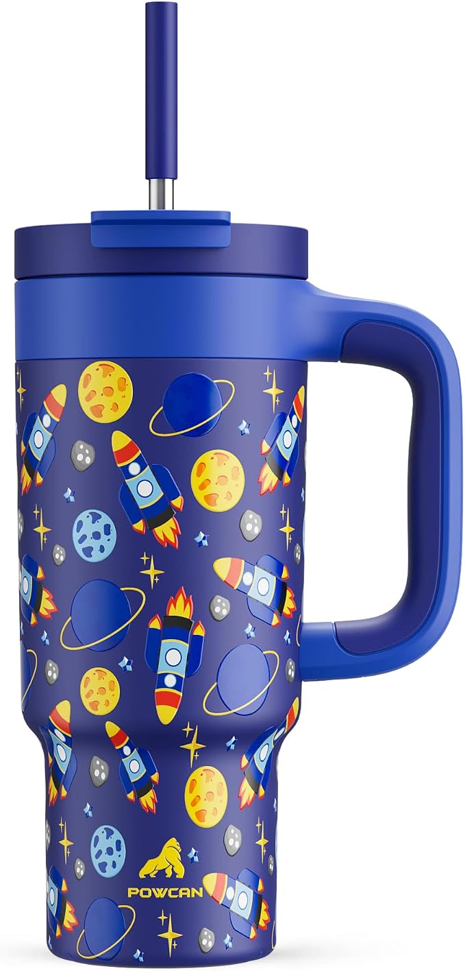 24 oz Stainless Steel Tumbler for Children: Durable Handle, Easy to Clean, Straw Gulp Lid, Car Cup Holder Friendly, Insulated Cup for Sport, Hiking, Carry, Adventures, Bag, Classroom (Space Rocket) by POWCAN