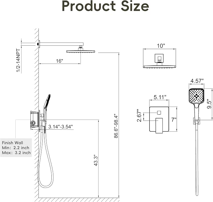 Gabrylly Shower System, 10 Inches Rain Shower Heads with Handheld Spray Combo, Wall Mounted Shower Faucets Sets Complete with Shower Valve Kit, Shower Head and Handle Set, Matte Black - Image 7