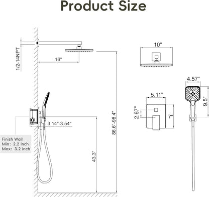 Gabrylly Shower System, 10 Inches Rain Shower Heads with Handheld Spray Combo, Wall Mounted Shower Faucets Sets Complete with Shower Valve Kit, Shower Head and Handle Set, Matte Black - Image 7