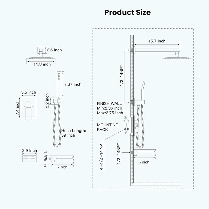 gotonovo Shower System with Tub Spout,Waterfall Tub Shower Faucet Set for Bathroom Head and Handle Set Wall Mounted 3 Function Rough-in Valve and Trim Included 12 inch Shower Head Brushed Gold - Image 7