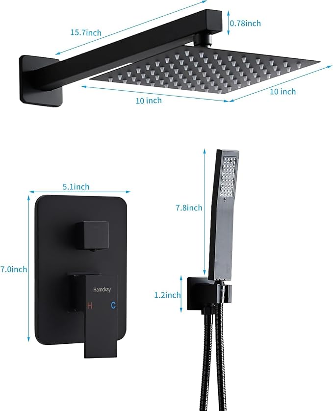 10 Inch Matte Black Shower Faucet Set with Rain Shower Head and Handheld Spray, Wall Mounted Rainfall Shower Head with Handheld Combo, Bathroom luxury Shower System with Valve and Trim - Image 5