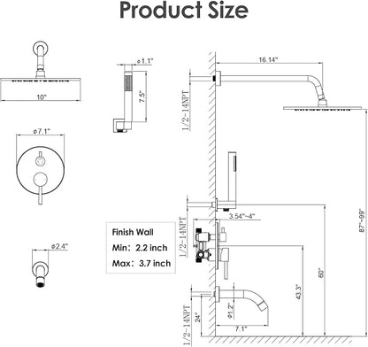 Gabrylly Black Shower System with Tub Spout, Bathtub Shower Faucets Set with 3-Way Shower Valve, High Pressure 10" Rain Shower head with Handheld Spray Combo, Wall Mounted Tub Shower Kit, Matte Black - Image 8