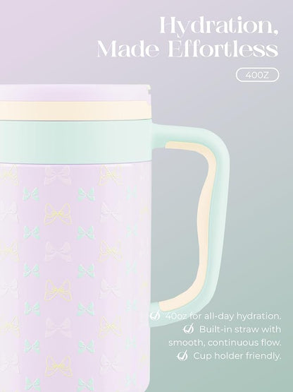 40 oz Insulated Tumbler with Handle and Push-Button Straw Lid, Stainless Steel Travel Cup for Gym Office, Leakproof, BPA-Free, Cup Holder Friendly, Bow Silicone Boot, Purple (Bow Lilac) - Image 5