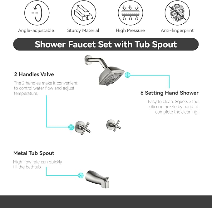 2 Handle Shower Faucet Set with Tub Spout 6-Spray Shower Head and Handle Set Shower Trim Kit with Rough-in Valve Bathroom Shower Faucet Valve Trim Kit Brushed Nickel - Image 5