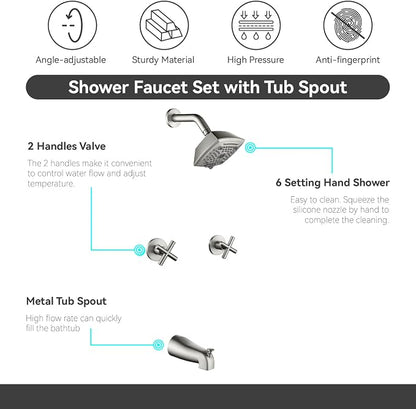 2 Handle Shower Faucet Set with Tub Spout 6-Spray Shower Head and Handle Set Shower Trim Kit with Rough-in Valve Bathroom Shower Faucet Valve Trim Kit Brushed Nickel - Image 5