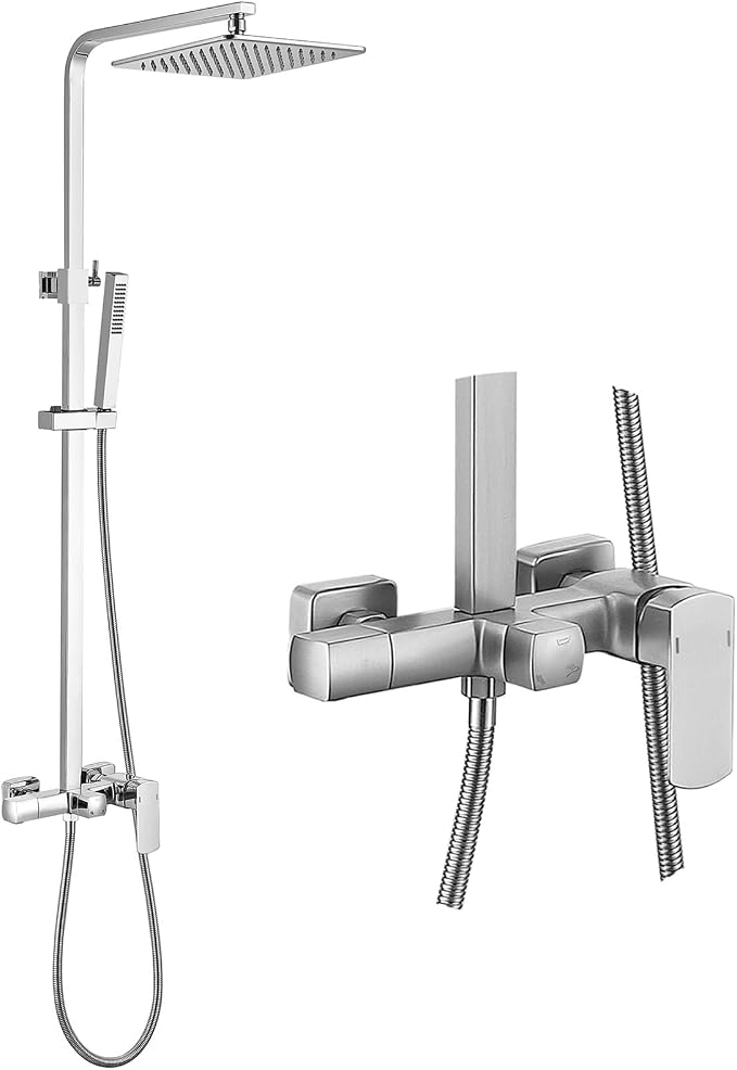 RBROHANT Brushed Nickel Exposed Shower System with Tub Spout, Exposed Shower Fixtures for Bathroom with Brass 3-Functional Valve, Shower Height Adjustable, Wall Mounted by RBROHANT