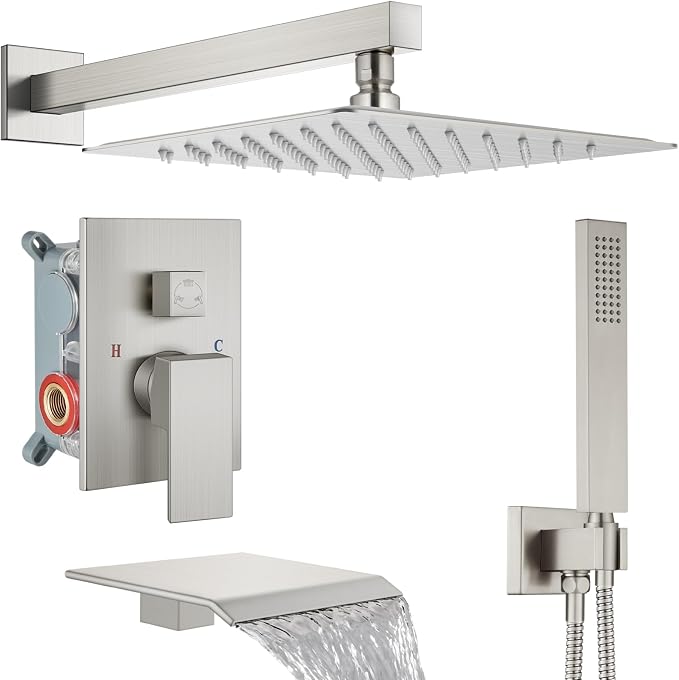 Midanya Shower System with Tub Spout,Bathtub Shower Faucet Set with Square Rainfall Head and Handheld Sprayer Wall Mount Tub Faucet Set with Valve and Trim Kit,12 Inch Brushed Nickel by Midanya