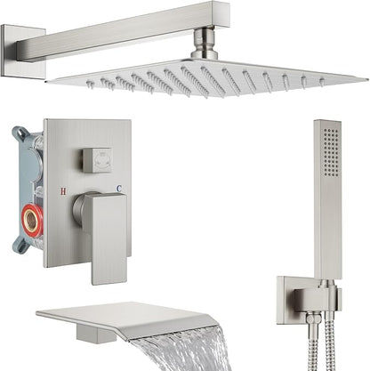Midanya Shower System with Tub Spout,Bathtub Shower Faucet Set with Square Rainfall Head and Handheld Sprayer Wall Mount Tub Faucet Set with Valve and Trim Kit,12 Inch Brushed Nickel by Midanya