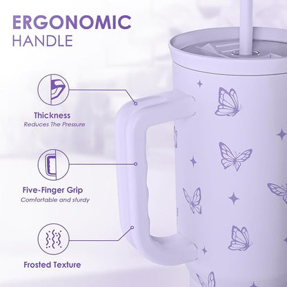 Butterfly Gifts for Women, Purple Butterfly Tumbler with Handle, Stainless Steel Insulated Coffee Travel Mug Cup, Gifts for Women Girls on Birthday Christmas, 40oz - Image 3