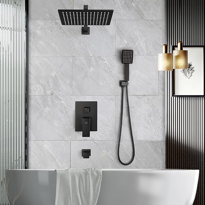 POP SANITARYWARE Matte Black Shower Tub Faucet Set Bathroom Rain Shower System with Tub Spout Wall Mounted Rainfall 12 Inch Shower Head and Handle Set Include Shower Valve and Trim Kit - Image 2