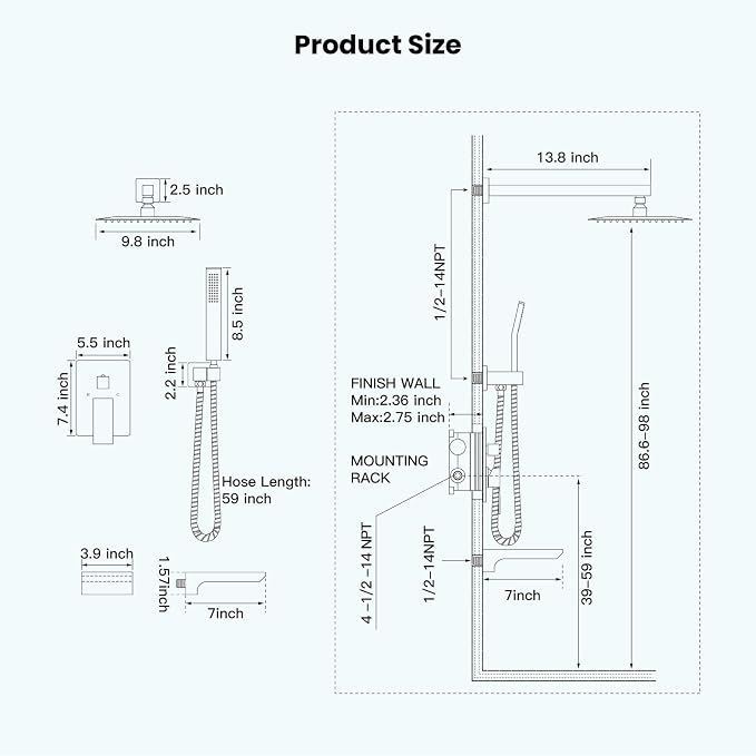 gotonovo Shower System with Tub Spout,Waterfall Tub Shower Faucet Set for Bathroom Head and Handle Set Wall Mounted 3 Function Rough-in Valve and Trim Included 10 inch Shower Head Brushed Gold - Image 7
